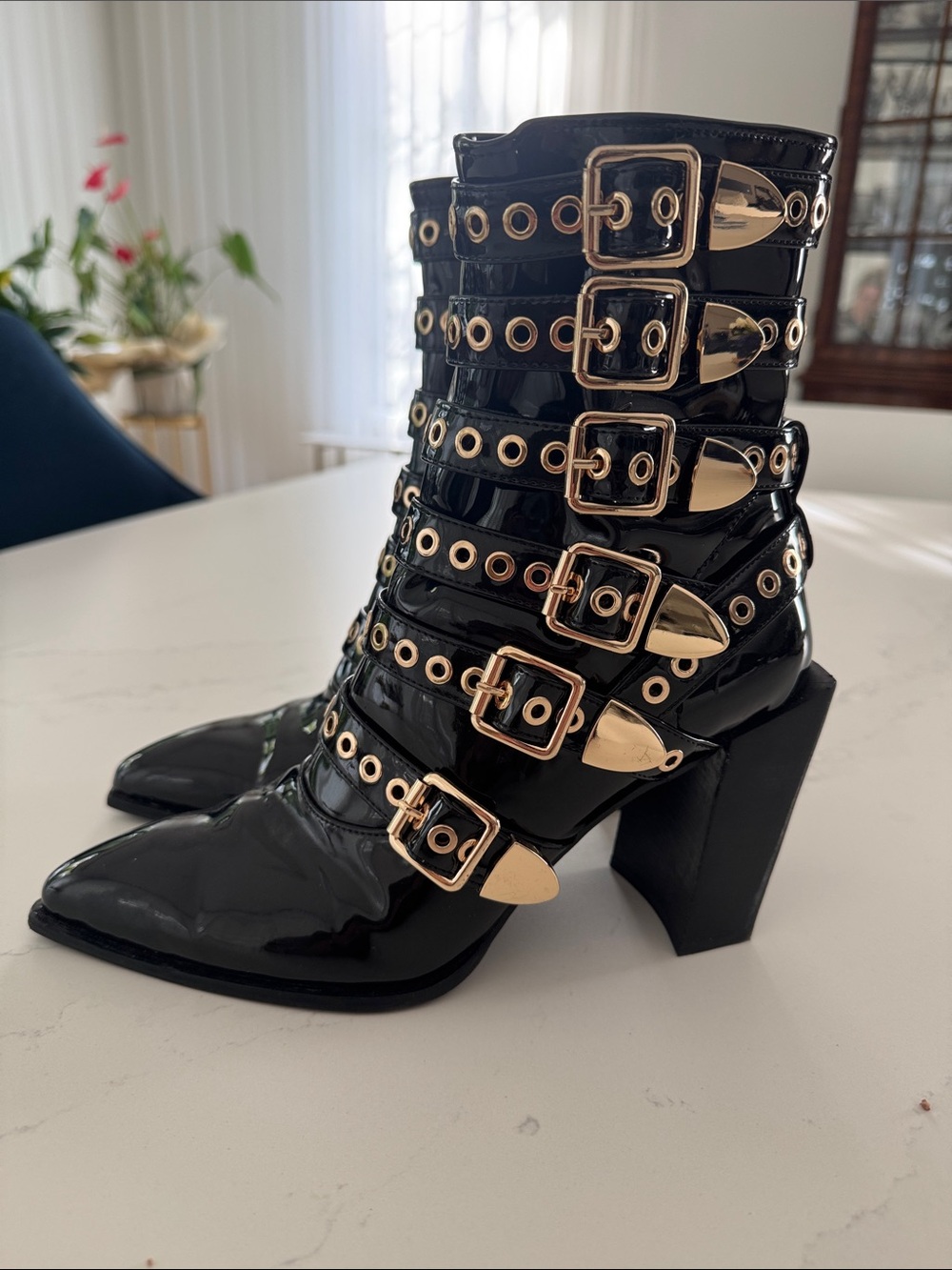 Jeffrey Campbell Black Patent Ankle Boots with Gold Buckles